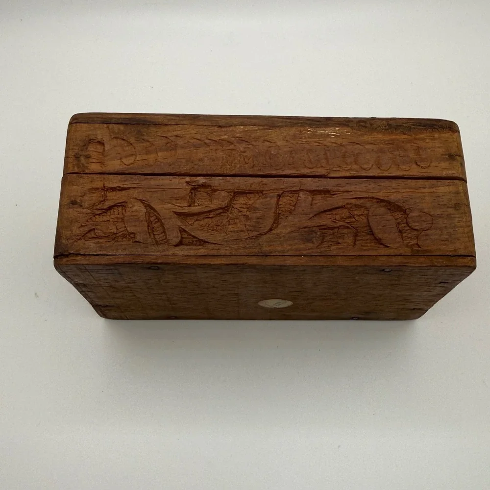 Vintage Hand Carved Wood Jewelry Box India Floral Inlay Small Trinket Keepsake